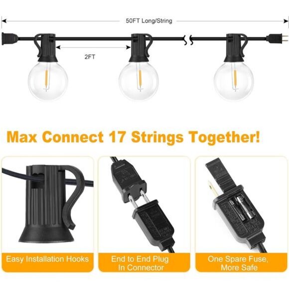 100ft 2-Pack Outdoor G40 LED Globe StringLights Dimmable Waterproof Shatterproof - Picture 5 of 7